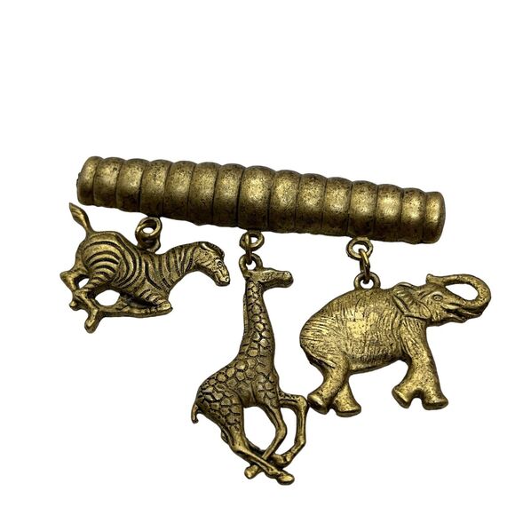 Safari Animal Pin Bar Brooch Vintage Gold Tone Dangling Elephant Giraffe Zebra - Picture 6 of 16